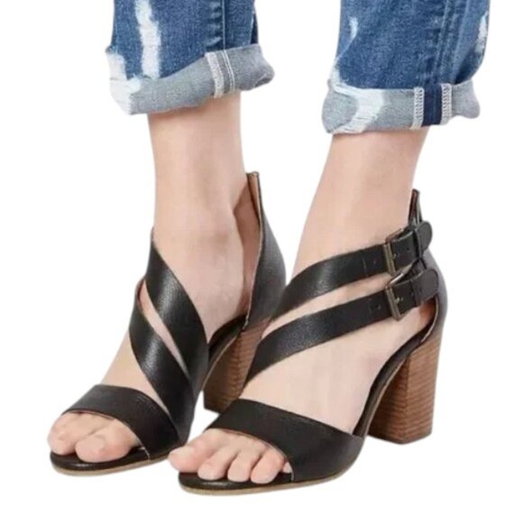 Crevo Tallulah Black Leather Strappy Block Heel Sandals | Size 9 - Picture 1 of 13